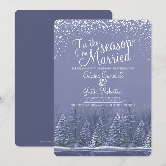 Winter wedding pine trees lake blue art invitation (Front/Back)