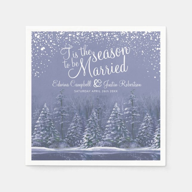 Winter wedding pine trees lake blue art napkins (Front)