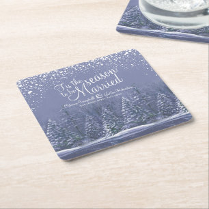 Winter wedding pine trees lake blue art square paper coaster