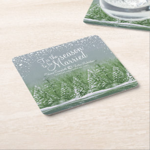 Winter wedding pine trees lake green art square paper coaster