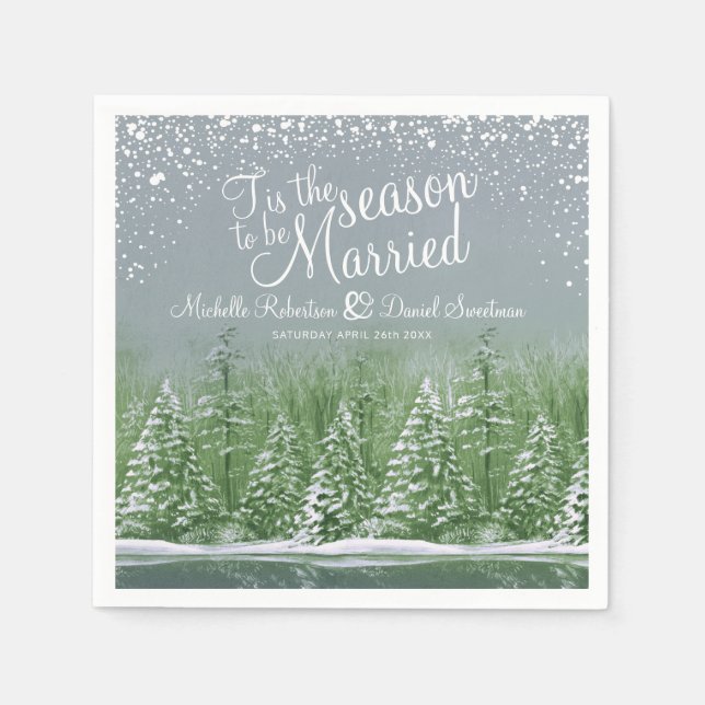 Winter wedding pine trees lake green grey art napkin (Front)