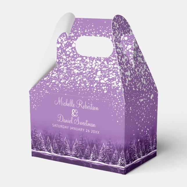 Winter wedding pine trees lake purple art favour box (Front Side)