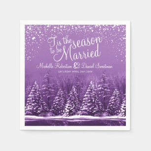 Winter wedding pine trees lake purple art napkin