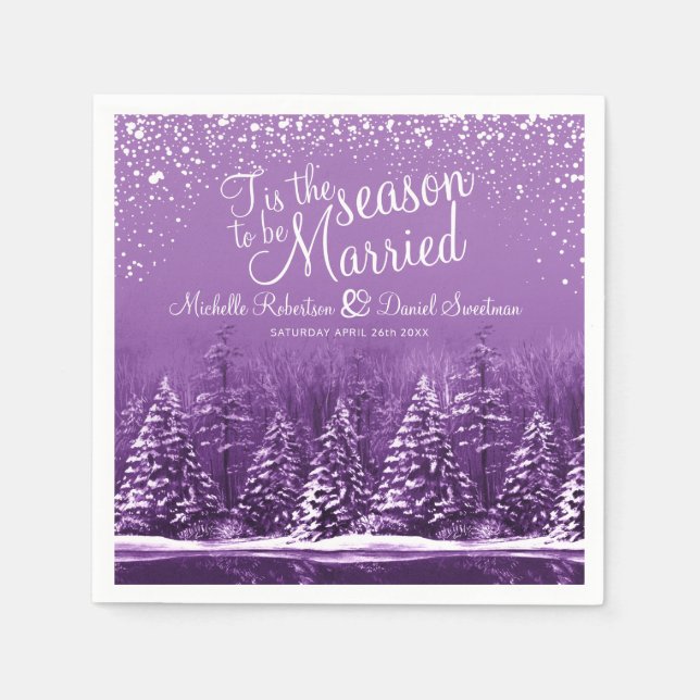 Winter wedding pine trees lake purple art napkin (Front)