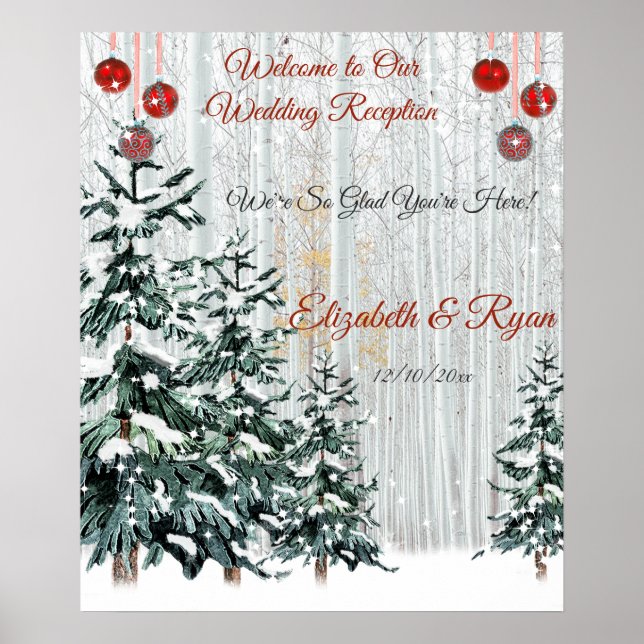 Winter Wedding Pine Trees Snow Sparkle Stars Poster (Front)