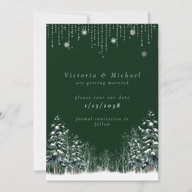 Winter Wedding Pine Trees Snowflakes Save The Date (Front)