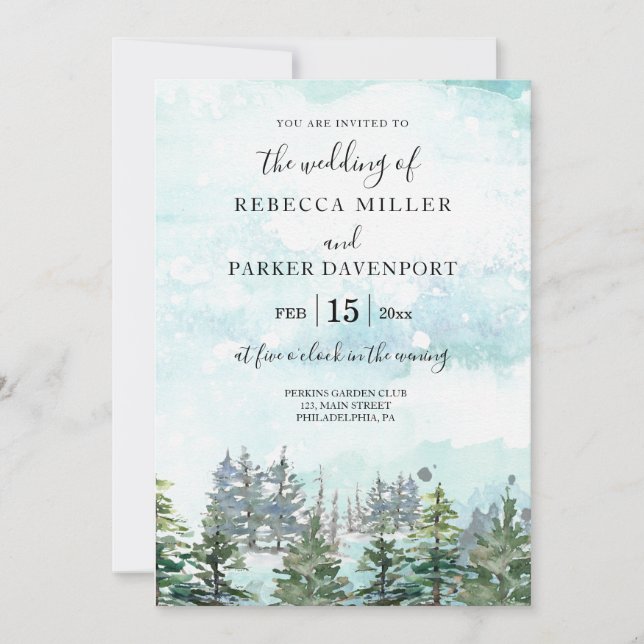 Winter wedding pine trees snowy invitation (Front)