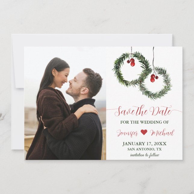 Winter Wedding Pine Wreath Holly Berries Photo Save The Date (Front)