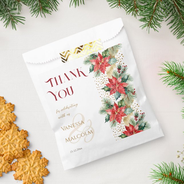 Winter wedding poinsettia gold template favour bags (Winter wedding elegant poinsettia gold sprinkles template favor bag Christmas wedding favor bag)