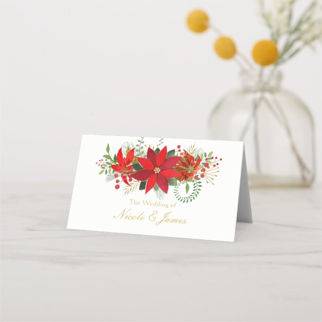 Winter Wedding Poinsettia Holiday Party Table Seat Place Card (Front)