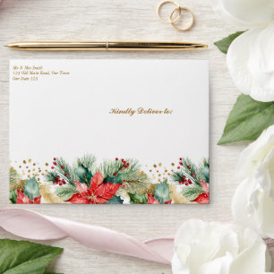 Winter wedding poinsettia red and gold  envelope