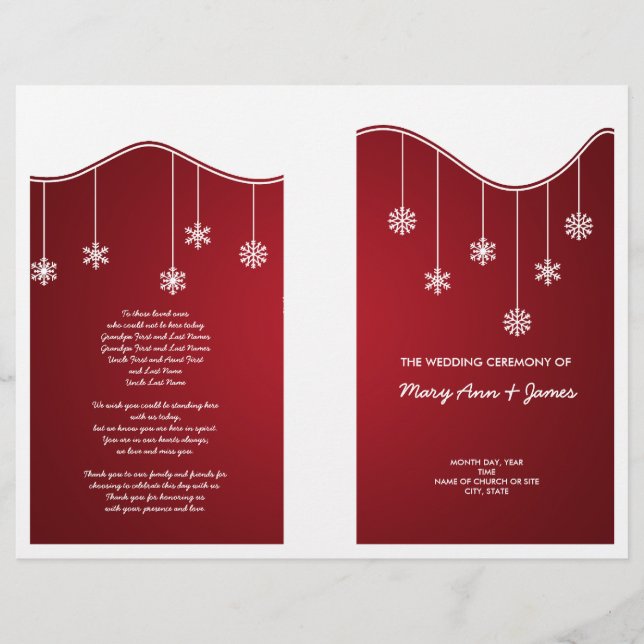 Winter Wedding Program Snowflake Decoration Red (Front)