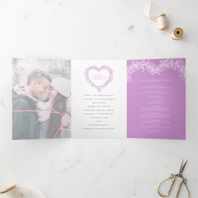 Winter wedding purple mistletoe botanical marriage Tri-Fold programme (Inside)