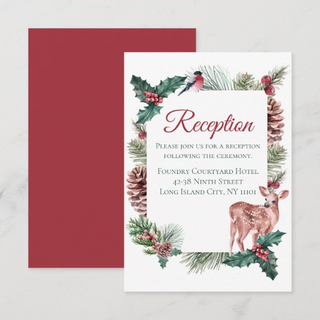 Winter Wedding Reception Christmas Deer Red Floral Invitation (Front/Back)