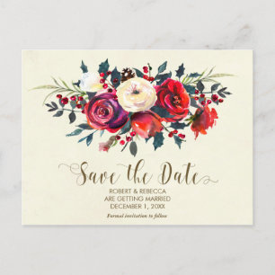 winter wedding red berries save the date postcard