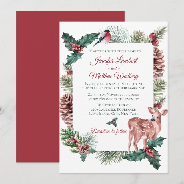 Winter Wedding Red Christmas Reindeer Deer Floral Invitation (Front/Back)