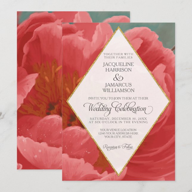 Winter Wedding Red Peony Gold Faux Glitter Diamond Invitation (Front/Back)