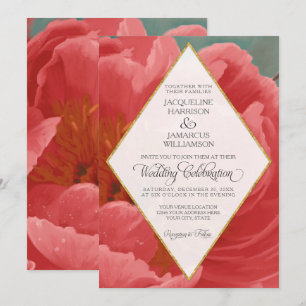 Winter Wedding Red Peony Gold Faux Glitter Diamond Invitation