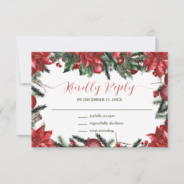 Winter Wedding Red Poinsettia Pine Greenery  RSVP Card (Front)