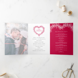 Winter wedding red white mistletoe botanical Tri-Fold programme