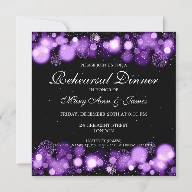 Winter Wedding Rehearsal Dinner Purple Lights Invitation (Front)