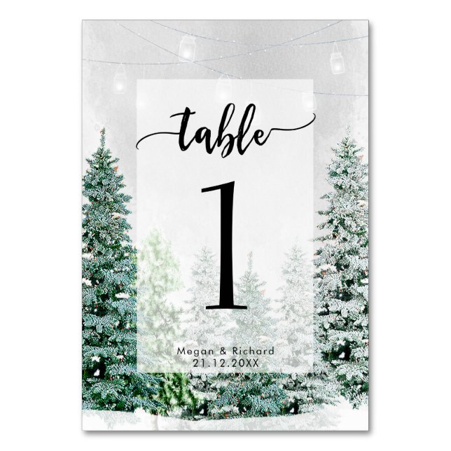 winter wedding rustic snow tree table number cards (Front)
