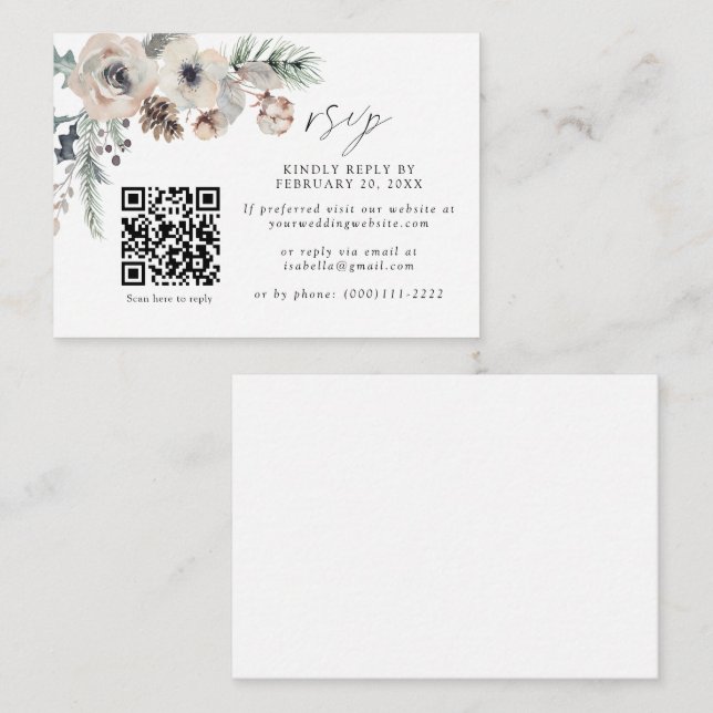 Winter Wedding Rustic White QR Code Wedding RSVP Enclosure Card (Front/Back)