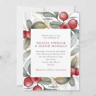 Winter Wedding Sage Green & Red Berries  Invitation