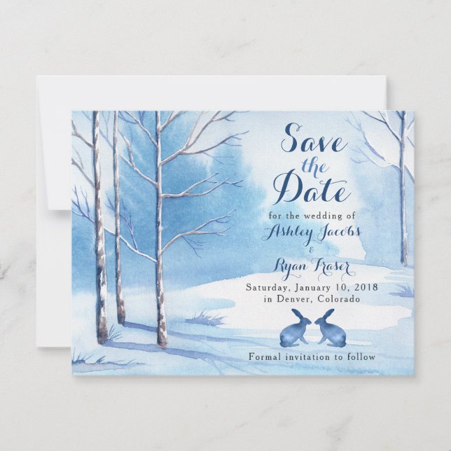 Winter Wedding Save the Date Trees Rabbits (Front)