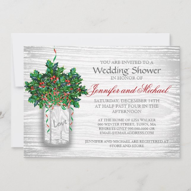 Winter Wedding Shower Mason Jar Holly Berry Invitation (Front)