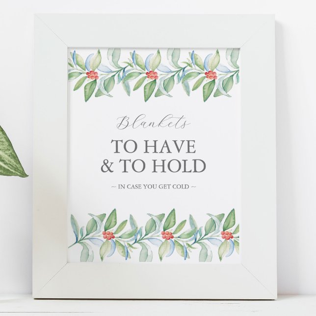 Winter Wedding Sign Green and White Botanicals (Wedding decor for winter weddings features unique watercolor art by Victoria Grigaliunas)