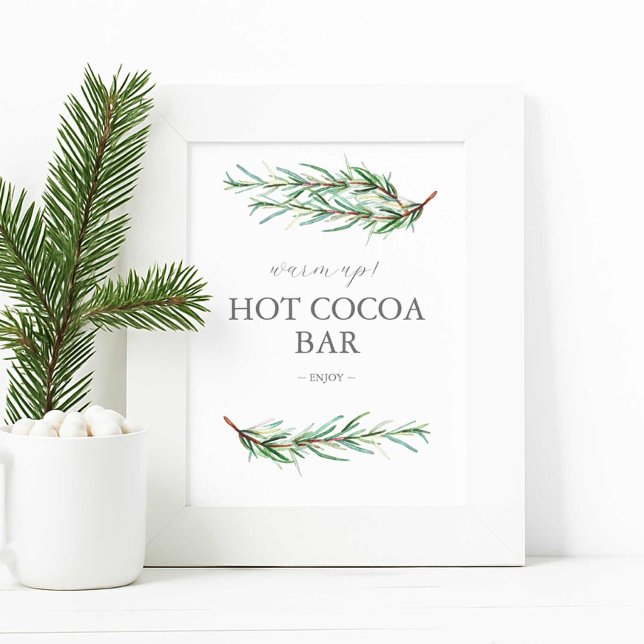Winter Wedding Sign Hot Chocolate Bar Sign (Winter wedding hot cocoa bar sign features simple watercolor pine bough art by Victoria Grigaliunas)