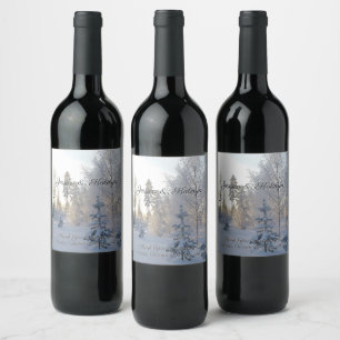 Winter Wedding Snow Covered Pine Trees Wine Label