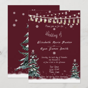 Winter Wedding Snow Pine Trees Modern Burgundy Invitation