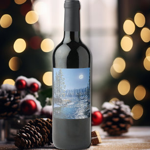 Winter Wedding Snow River Trees Full Moon Wine Label