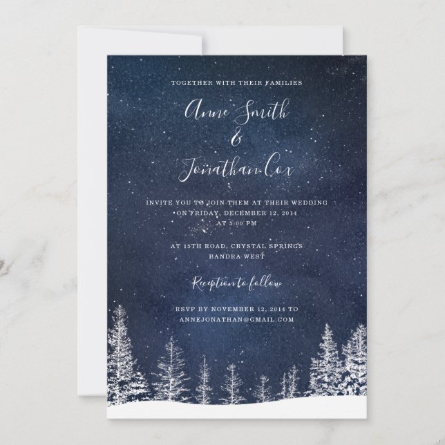 Winter Wedding Snow Stars Navy Blue White Wedding Invitation (Front)