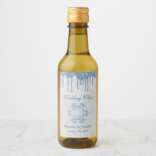 Winter Wedding Snowflake and Blue Glitter Favour Wine Label