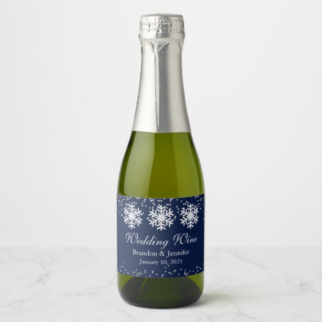 Winter Wedding Snowflakes and Glitter Favour Sparkling Wine Label (Front)