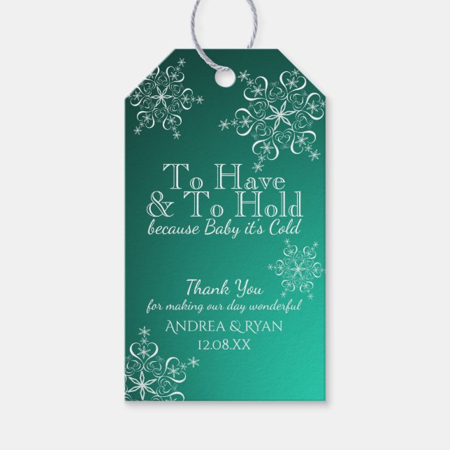 Winter Wedding Snowflakes Green Gift Tags (Front)