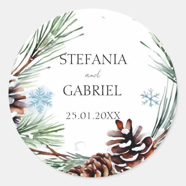 Winter wedding snowy pines  classic round sticker (Front)