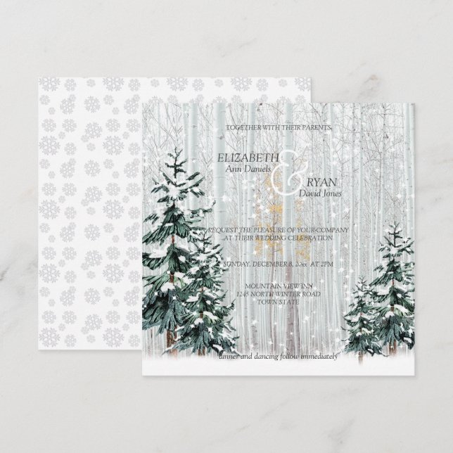 Winter Wedding Sparkle Snowflakes Pine Trees Invitation (Front/Back)