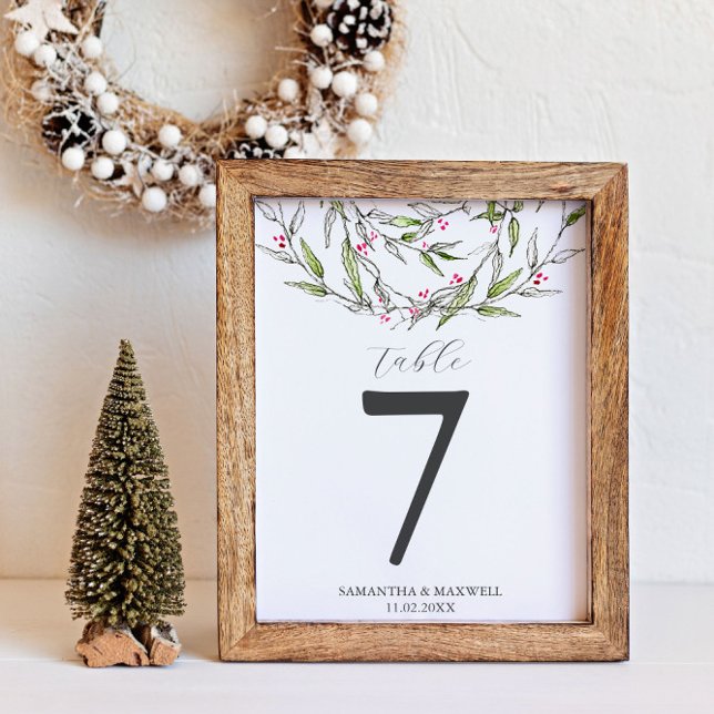Winter Wedding Table Number Rustic Botanicals (Winter wedding table number unique Christmas botanical art by Victoria Grigaliunas Do Tell A Belle)