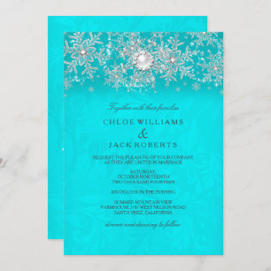 Winter Wedding Teal Crystal Pearl Snowflake Silver Invitation