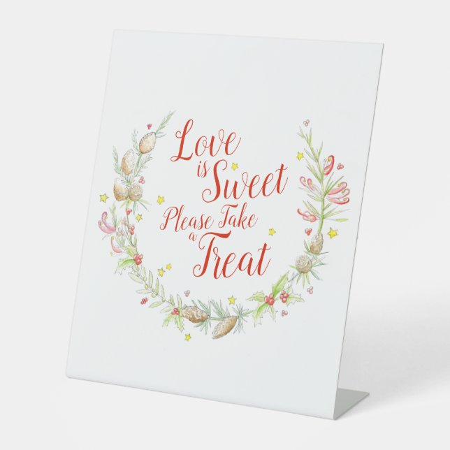 Winter Wedding watercolor cones berries and stars Pedestal Sign (Front)