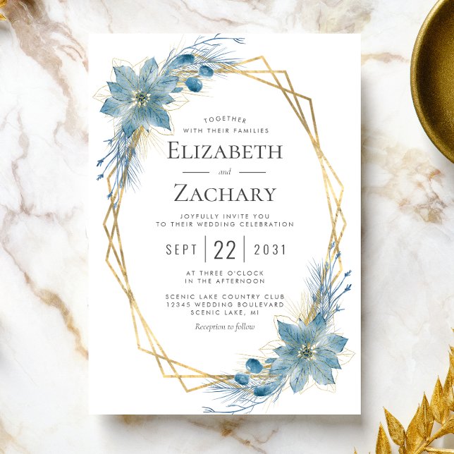 Winter Wedding Watercolor Dusty Blue Floral Invitation (Creator Uploaded)