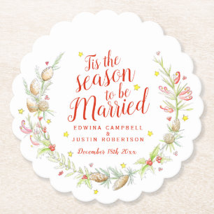 Winter Wedding watercolor pine cones berries Paper Coaster