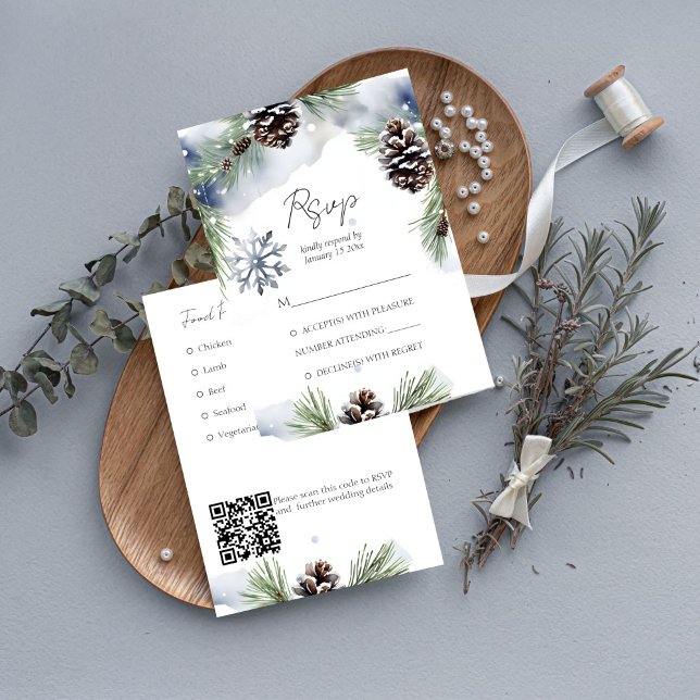 Winter wedding watercolor snowy pines template (Snowy pines winter wedding RSVP card with QR at the back watercolor pines with pine cones)