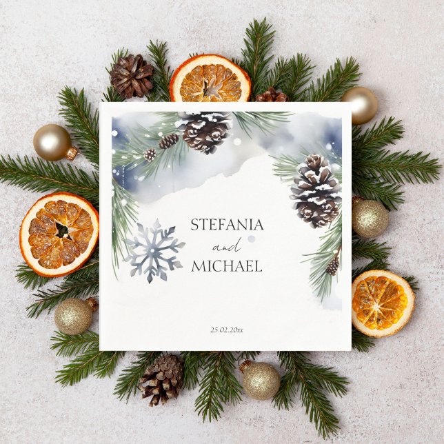 Winter wedding watercolor snowy pines template napkin (Winter wedding template napkins watercolor snowy pines with pine cones simple  style casual font)
