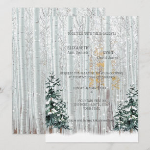 Winter Wedding White Birch Pine Trees Snow Invitation