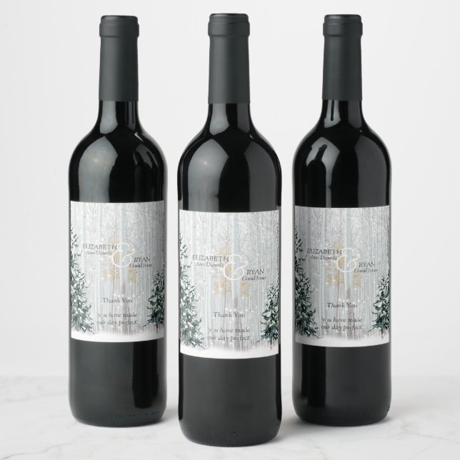 Winter Wedding White Birch, Pine Trees Wine Label (Bottles)